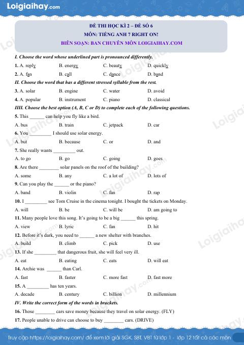 Đề thi học kì 2 Tiếng Anh 7 Right on! - Đề số 6